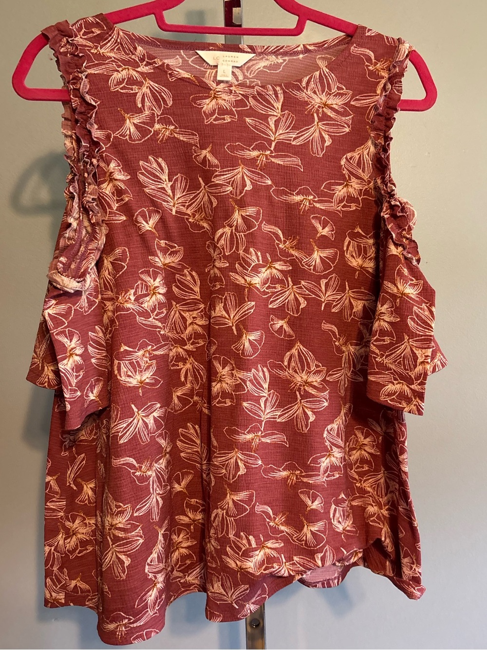 LC Lauren Conrad Blouse Women Size‎ L Red Floral Cold Shoulder Top
